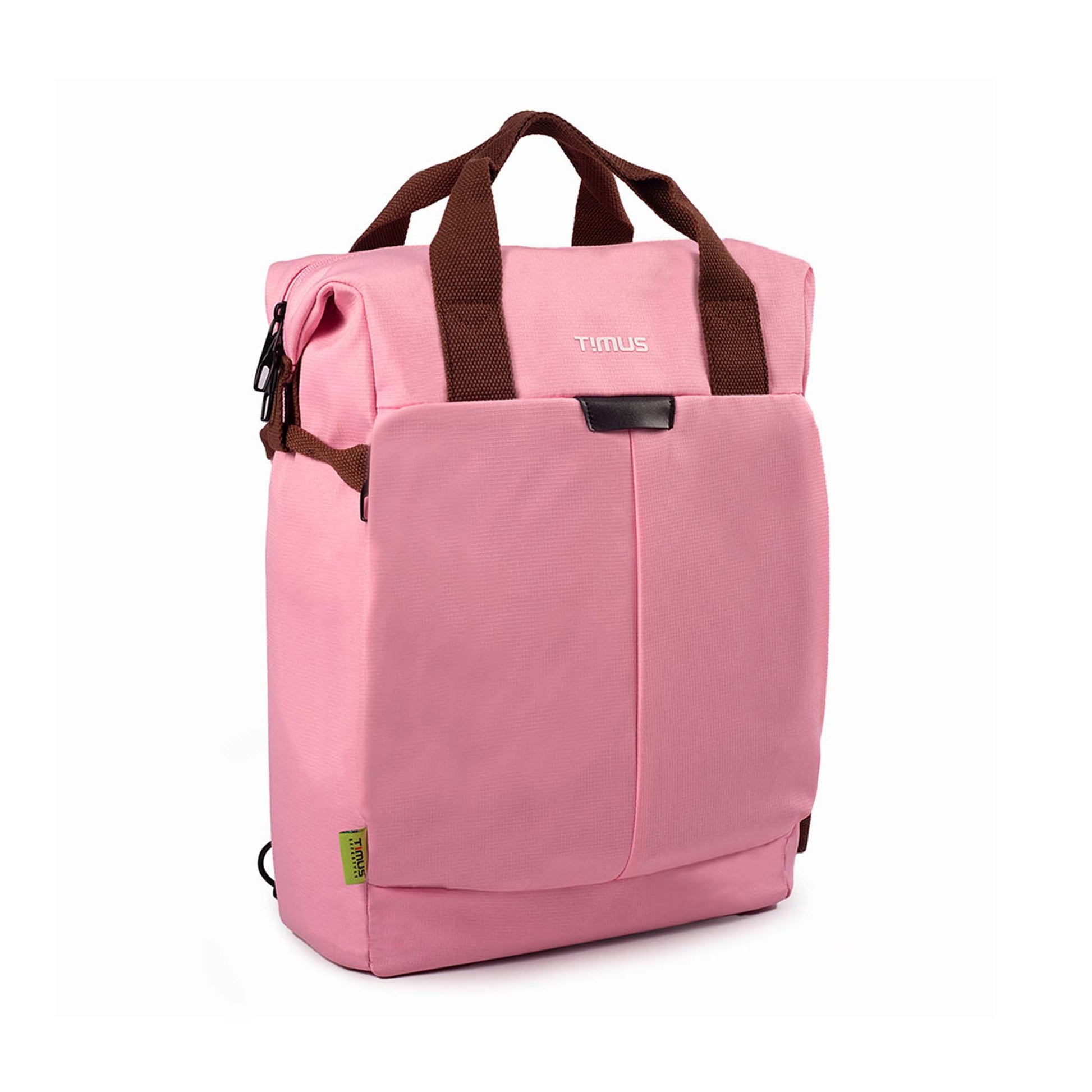 Right side angled view of pink Timus Chicago urban backpack with brown handles and visible front pocket and closed zippers.