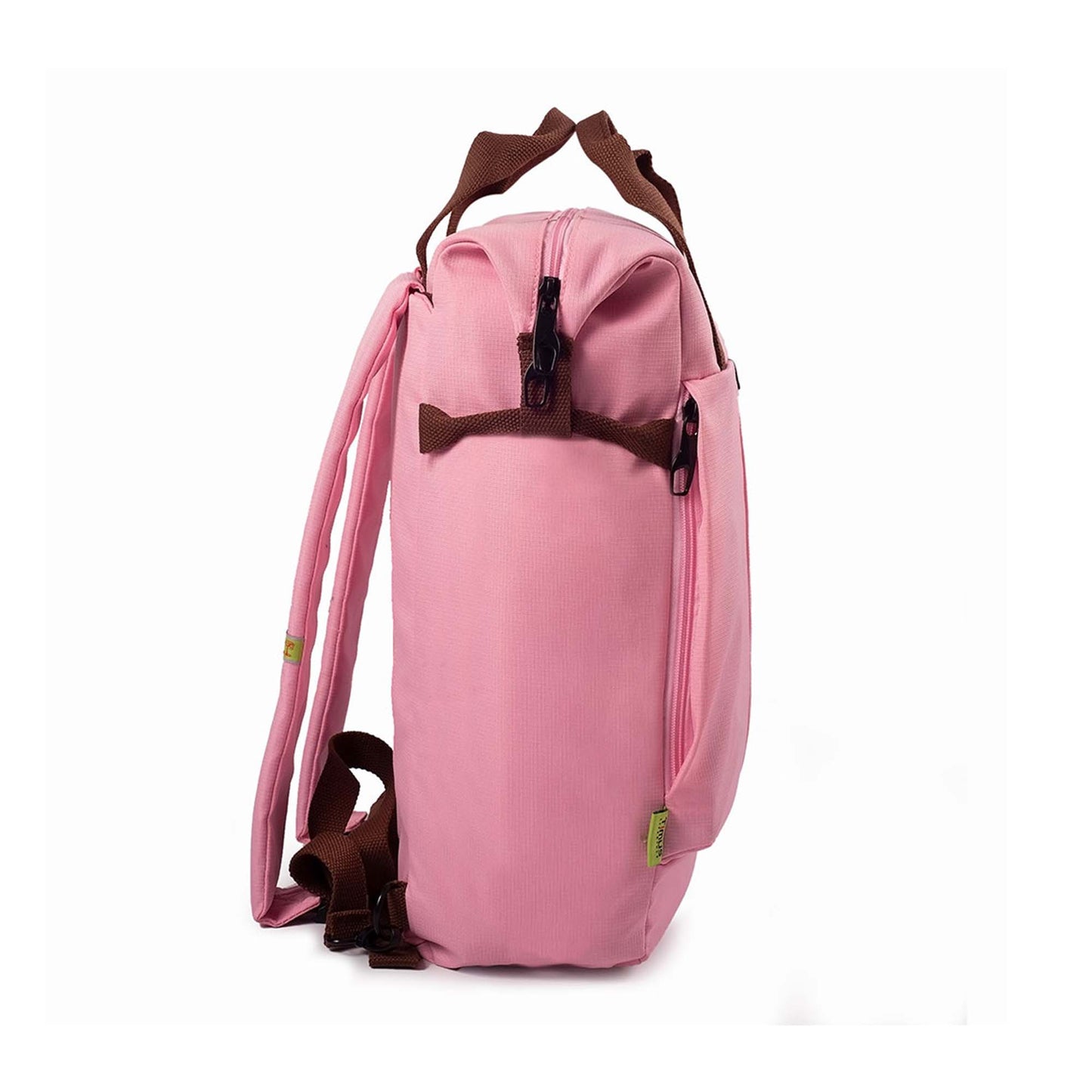 Right side view of pink Timus Chicago urban backpack showing front pocket and main pocket closed zippers, brown handles, and shoulder straps.