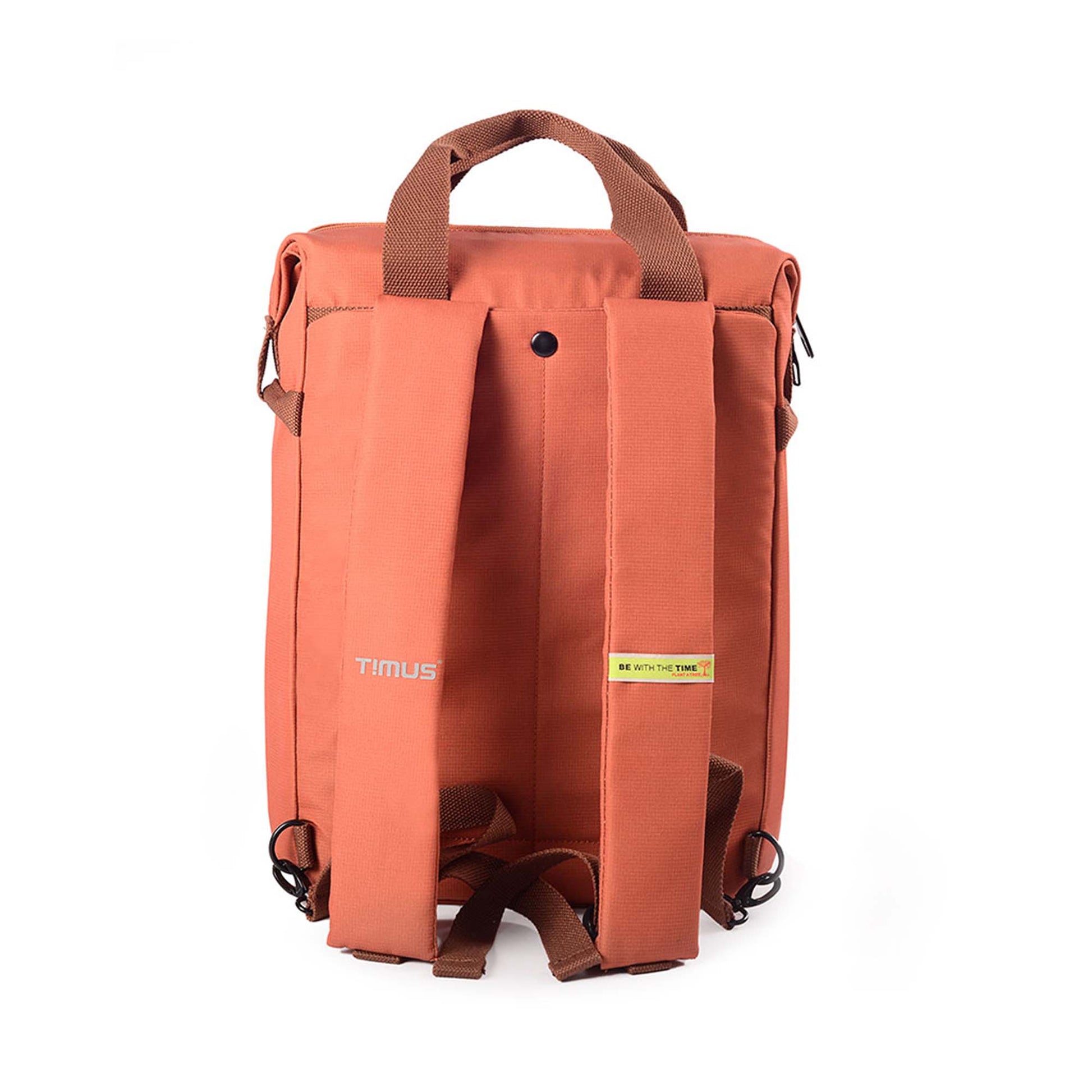 Back view of rust Timus Chicago urban backpack showing padded shoulder straps, hidden back pocket, brown handles, and visible branding tags.