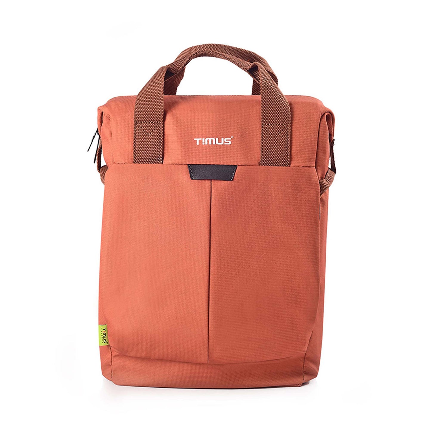 Front view of rust Timus Chicago urban backpack with brown straps, showing visible Timus brand logo and front pocket.