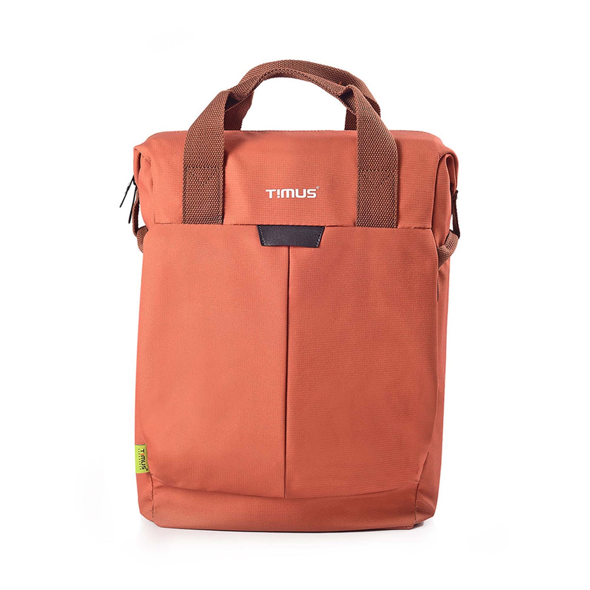 Front view of rust Timus Chicago urban backpack with brown straps, showing visible Timus brand logo and front pocket.