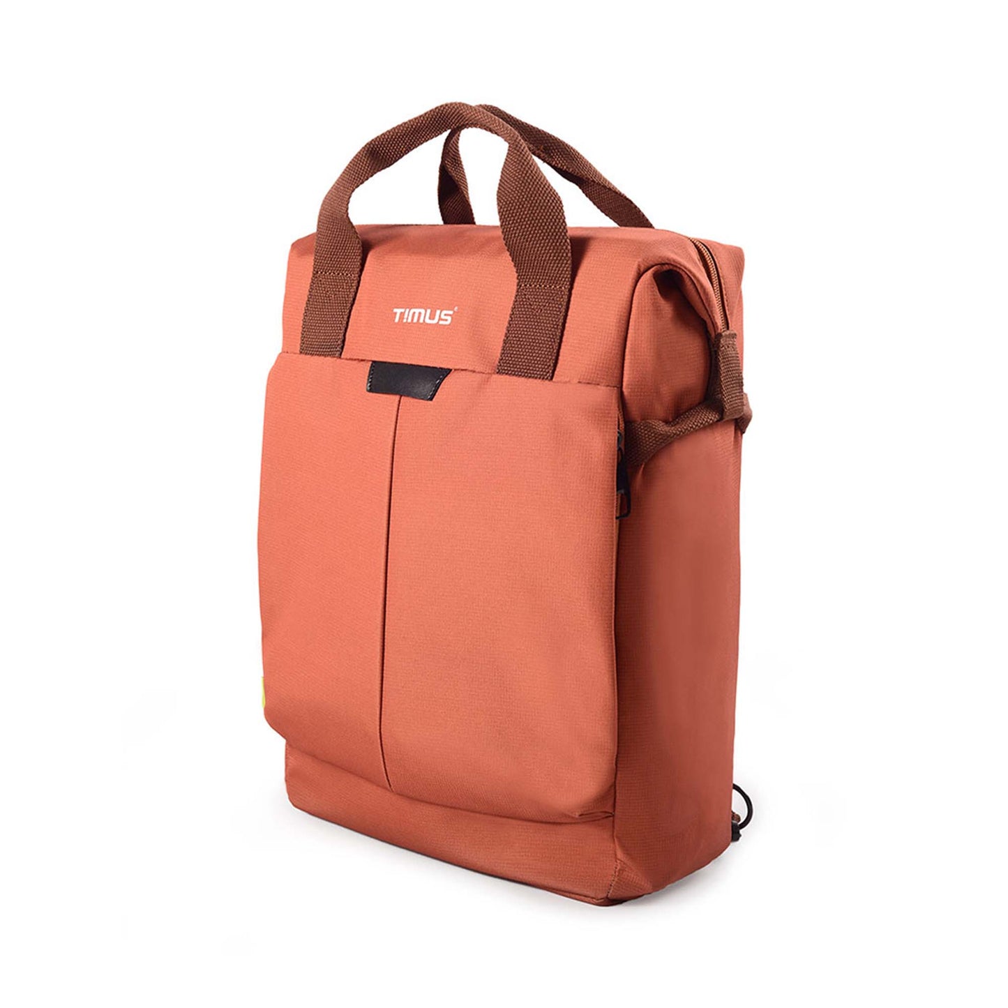 Left side front angled view of rust Timus Chicago urban backpack showing brown handles and front pocket.