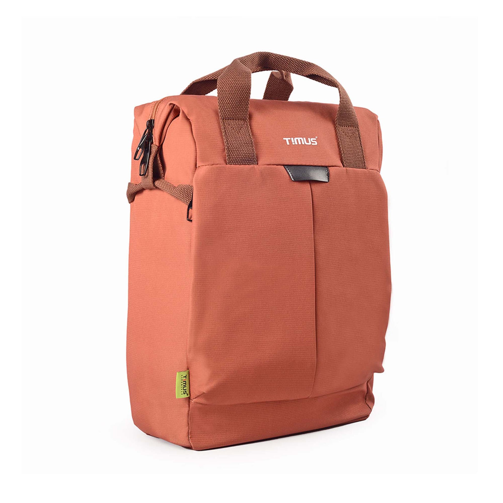 Right side angled view of rust Timus Chicago urban backpack with brown handles, closed zippers and visible front pocket.