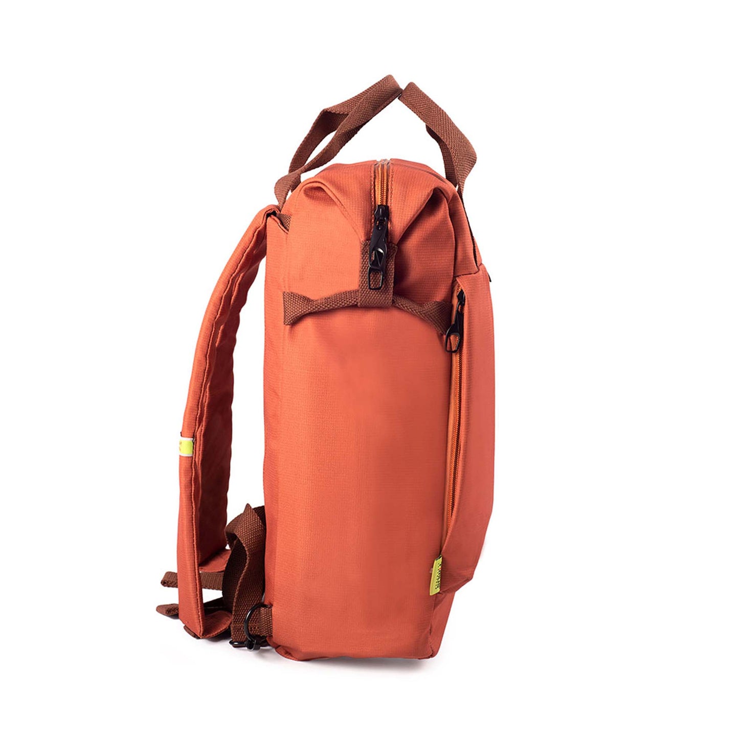 Right side view of rust Timus Chicago urban backpack showing front pocket and main pocket closed zippers, brown handles, and shoulder straps.

