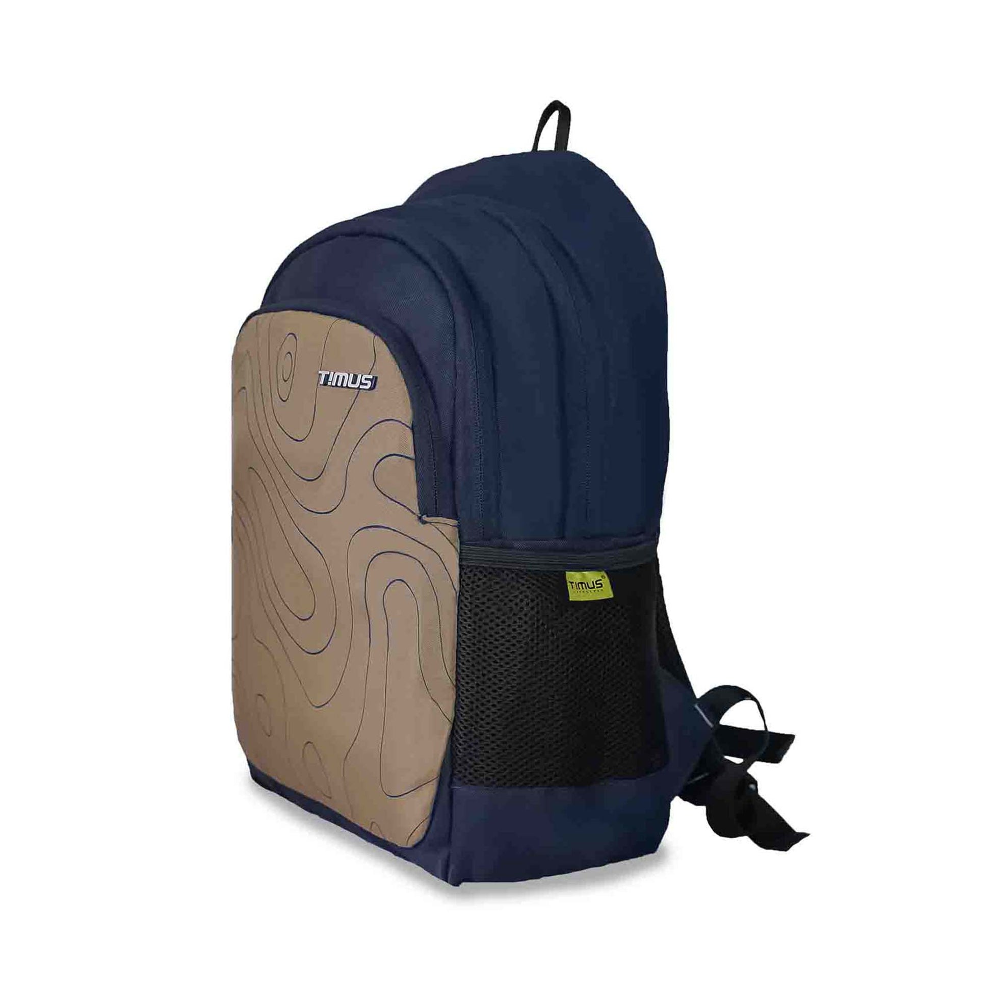 Timus Chile beige and navy casual backpack with topographic pattern on front pocket, Timus brand logo on front, left front angled view showing black mesh side pocket with Timus tag and top handle.