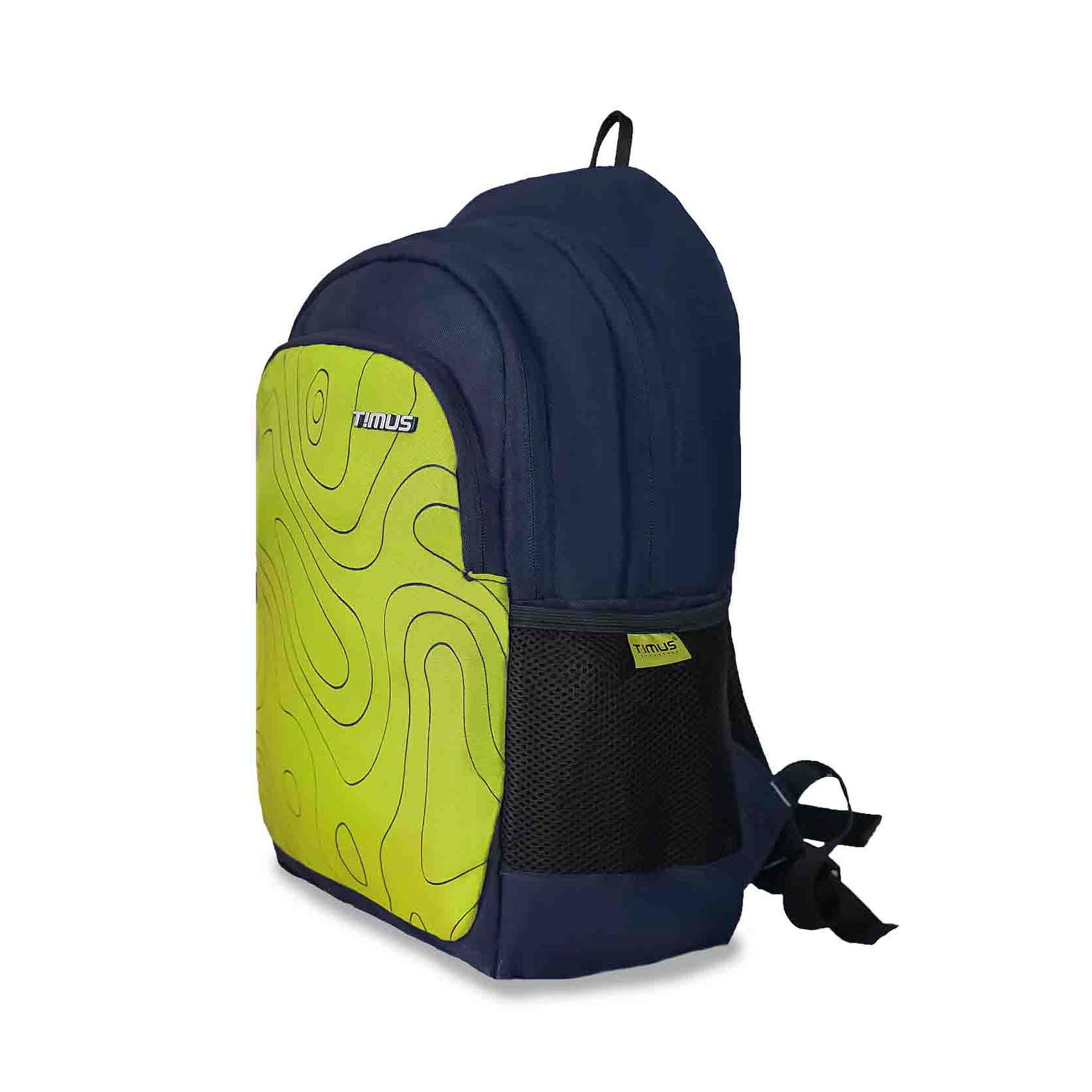 Left front angled view of Timus Chile green casual backpack featuring abstract green front panel design, navy blue body, black mesh side pocket, and visible Timus branding.