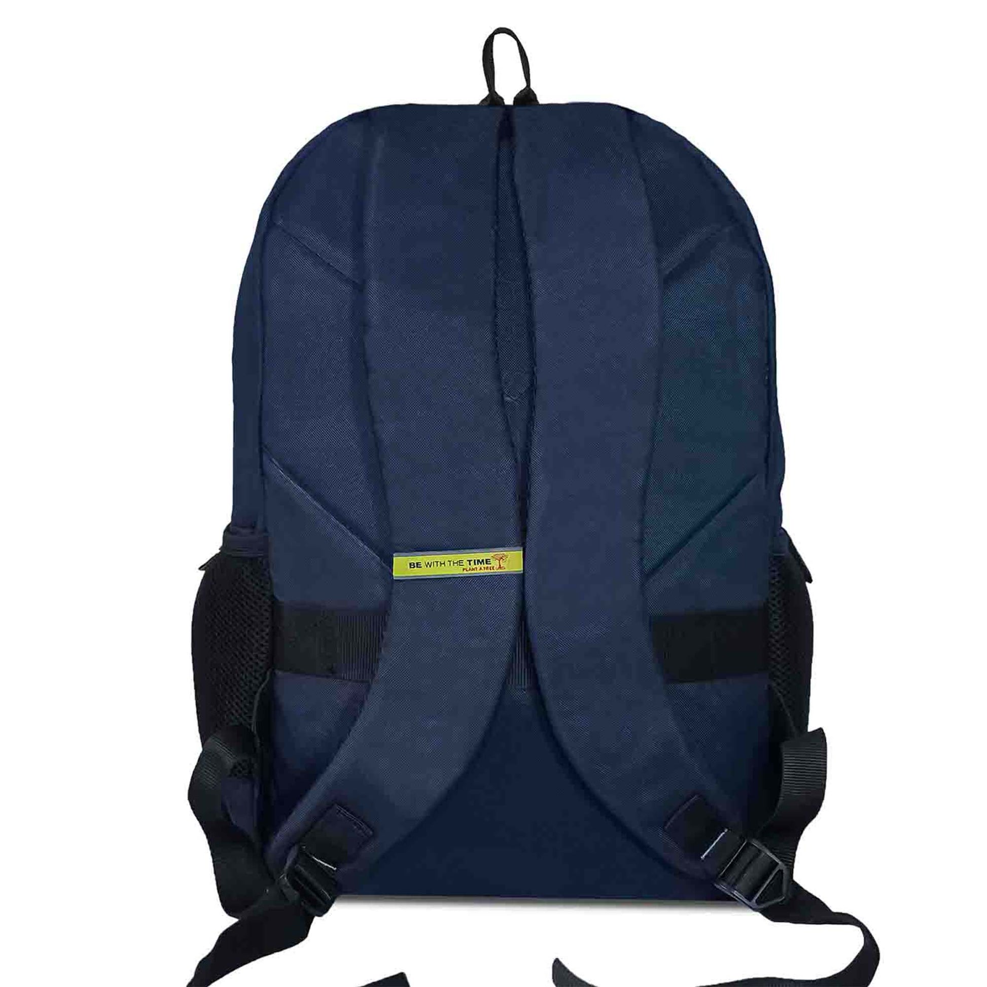 Back view of Timus Chile casual backpack in navy blue with padded shoulder straps and visible 'Be With The Time' brand tagline on lime green tag, includes top grab handle and side mesh pockets.