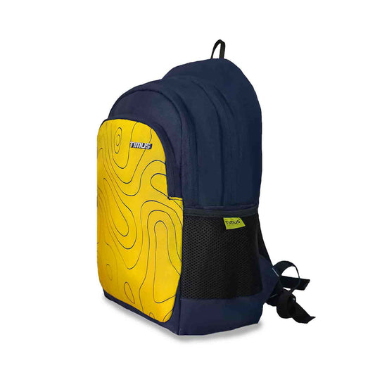 Left front angled view of Timus Chile yellow and navy blue backpack with topographic pattern, casual style backpack with side mesh pocket and multiple compartments.