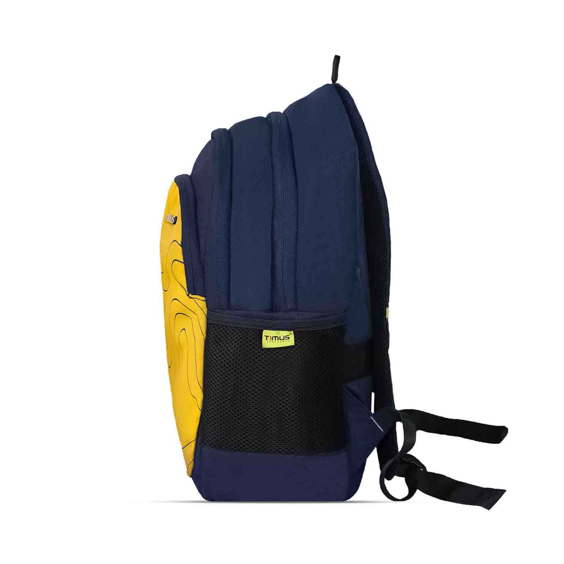 Left side view of Timus Chile yellow and navy blue backpack with topographic pattern, casual style backpack featuring black mesh side pocket with Timus logo tag