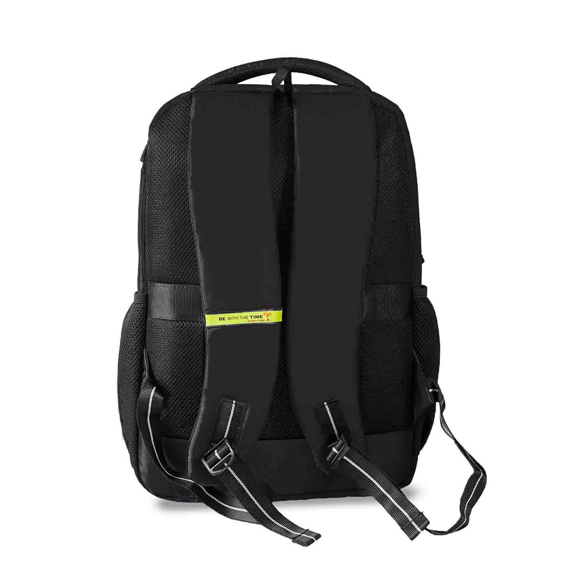 Back view of the Timus Cyprus black backpack featuring padded shoulder straps, breathable back panel, and a yellow ‘Be With the Time’ label.
