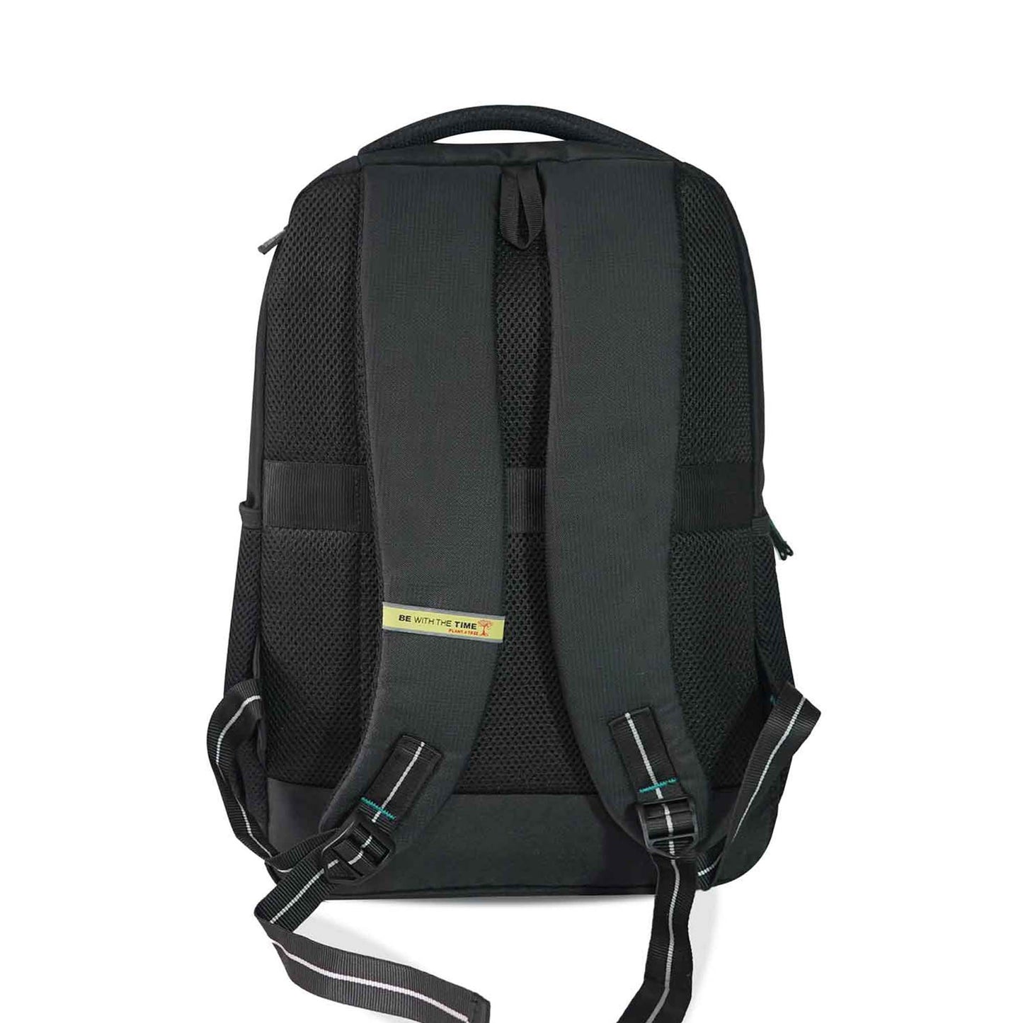 Back view of the Timus Cyprus black backpack featuring padded shoulder straps, breathable back panel, and a yellow ‘Be With the Time’ label.