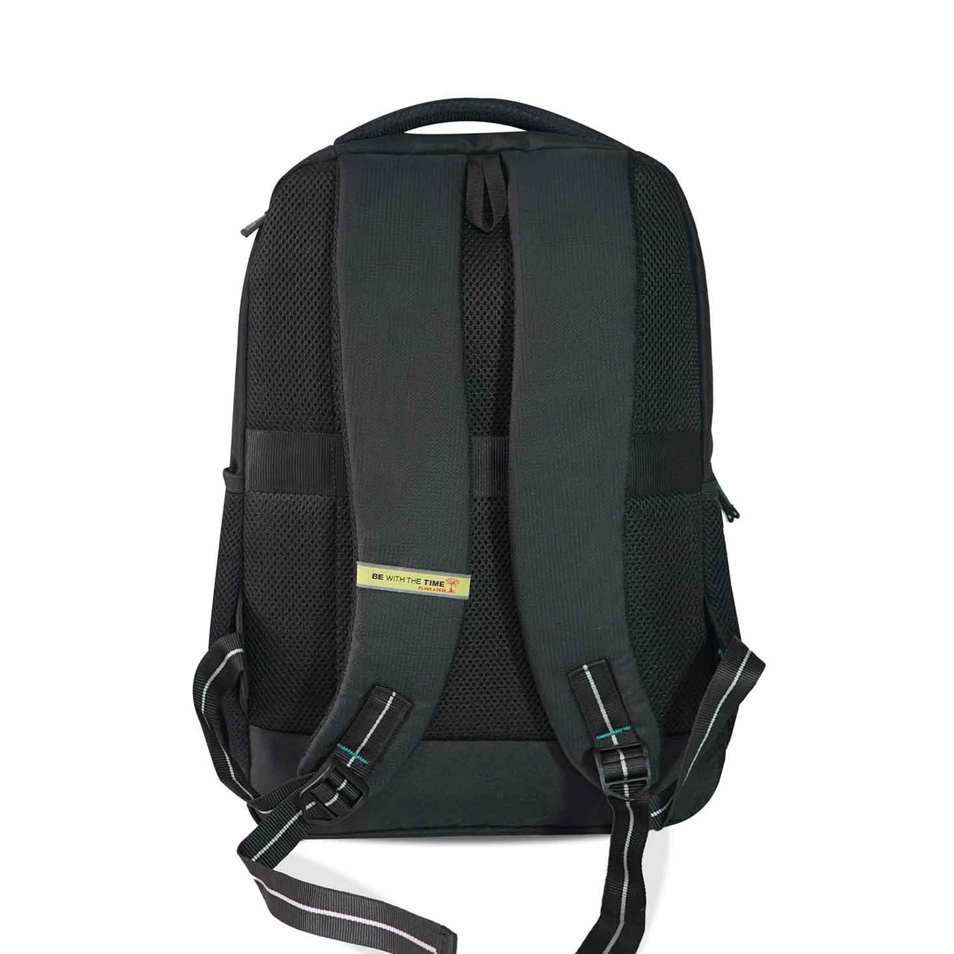 Back view of the Timus Cyprus black backpack featuring padded shoulder straps, breathable back panel, and a yellow ‘Be With the Time’ label.