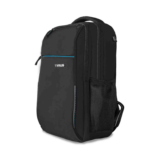 Left-front angled view of the Timus Cyprus black backpack featuring a zippered front pocket, side mesh bottle holder, and padded handle.
