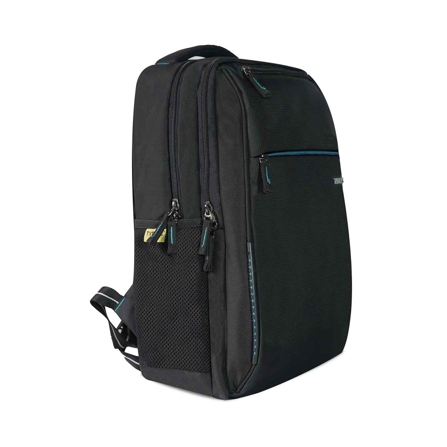 Right front angled view of the Timus Cyprus black backpack showing multiple zippered compartments, side mesh pocket with brand tag and padded shoulder strap.