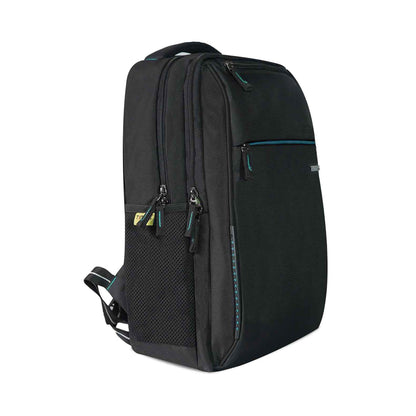 Right front angled view of the Timus Cyprus black backpack showing multiple zippered compartments, side mesh pocket with brand tag and padded shoulder strap.