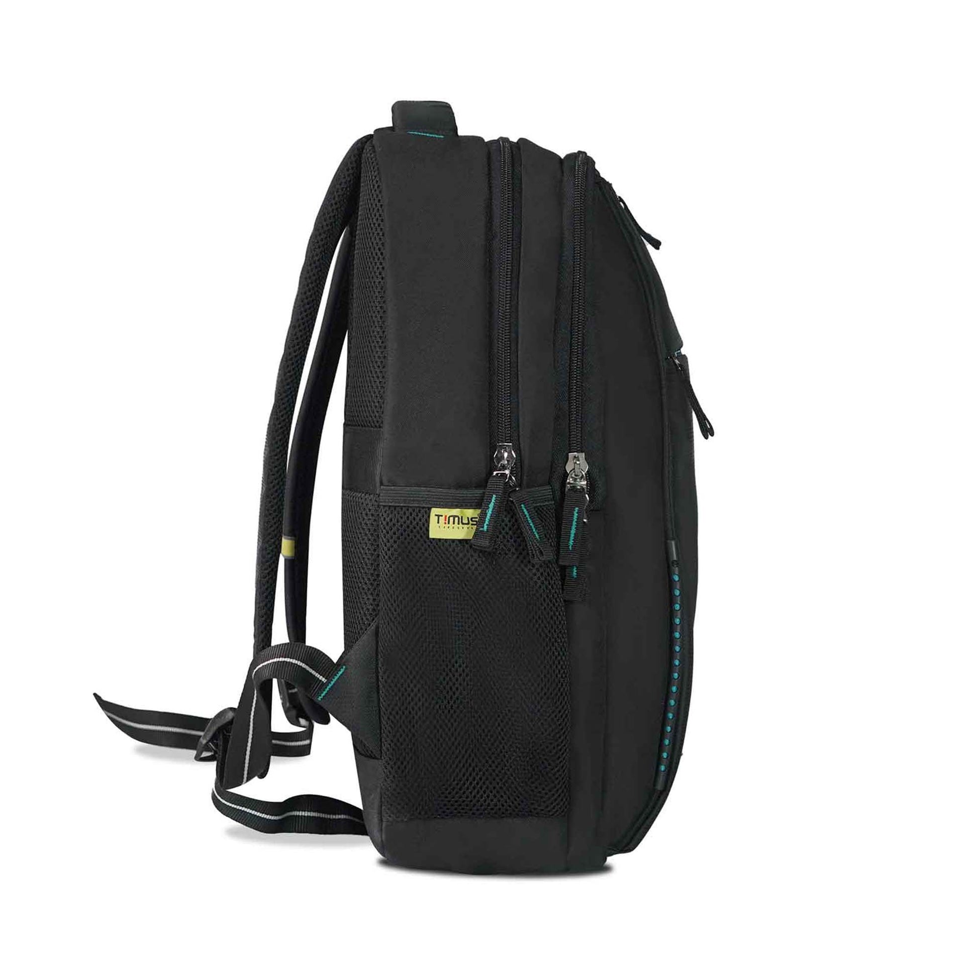 Right side view of the Timus Cyprus black backpack showing triple zip compartments, mesh bottle pocket with visible Timus brand tag, padded shoulder straps, and top handle.