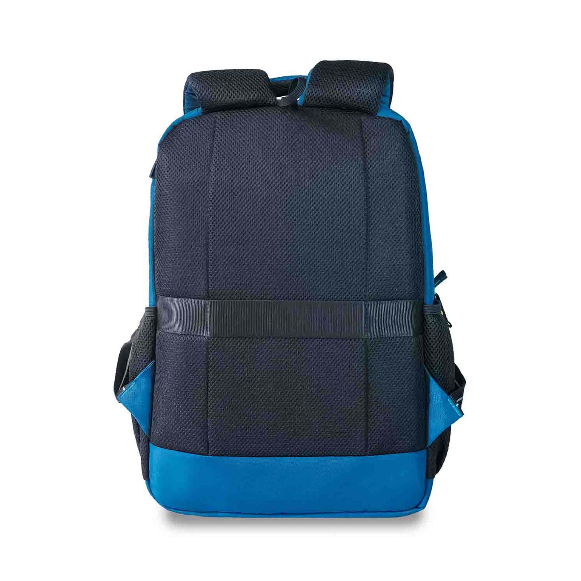 Back view of the Timus Cyprus backpack in blue with folded shoulder straps, padded mesh back panel, side mesh pockets, and a horizontal strap for securing to a luggage trolley handle.