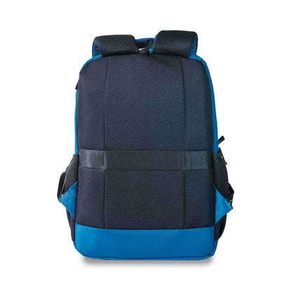 Back view of the Timus Cyprus backpack in blue with folded shoulder straps, padded mesh back panel, side mesh pockets, and a horizontal strap for securing to a luggage trolley handle.