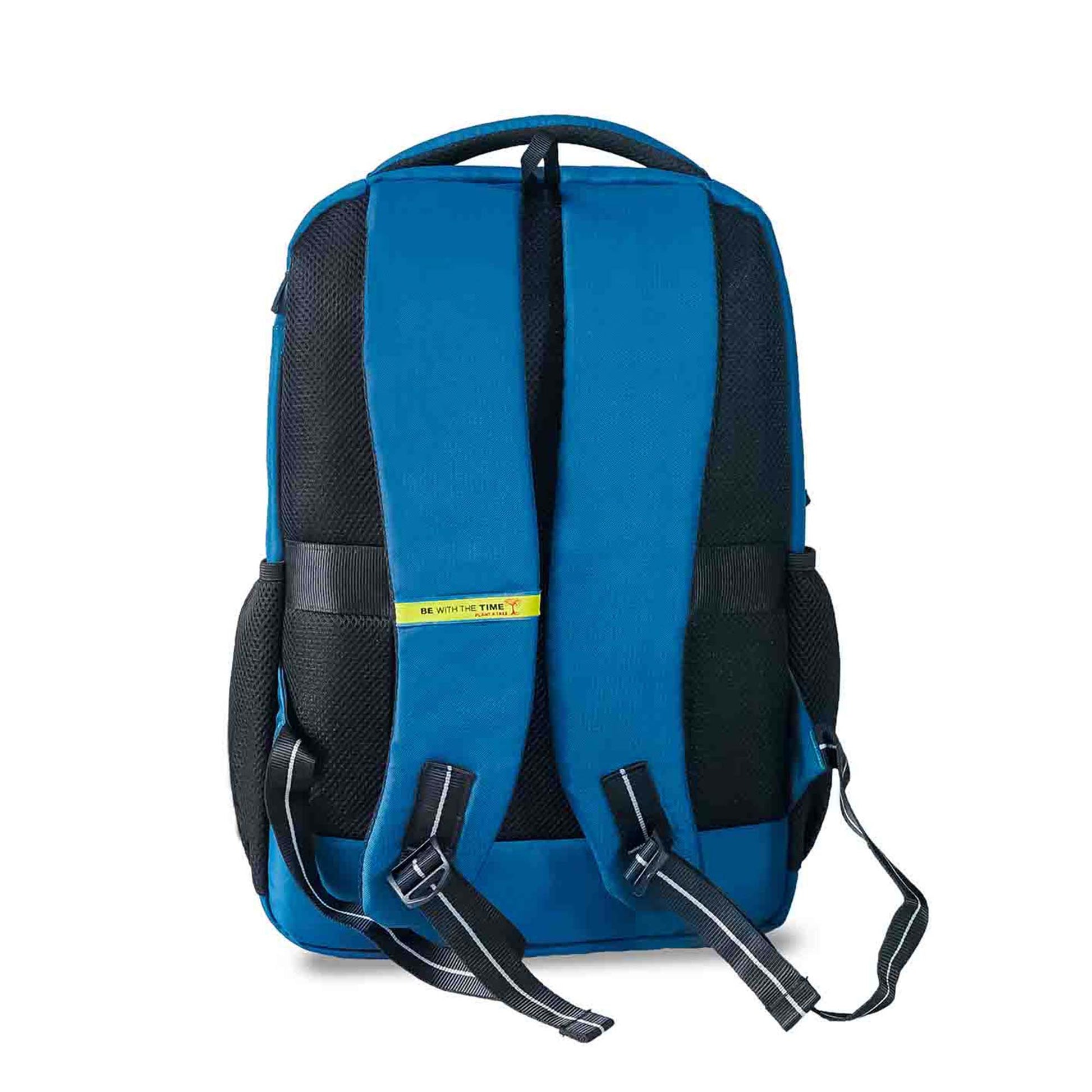 Back view of the Timus Cyprus backpack in blue showing padded shoulder straps, breathable mesh back, top handle, and yellow "BE WITH THE TIME" tagline.