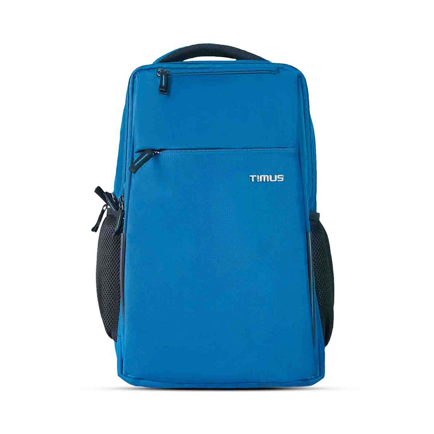 Front view of the Timus Cyprus backpack in blue, featuring visible Timus logo, dual zippered compartments, and side mesh pockets.