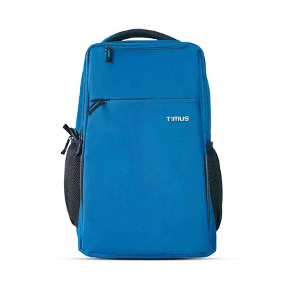 Front view of the Timus Cyprus backpack in blue, featuring visible Timus logo, dual zippered compartments, and side mesh pockets.