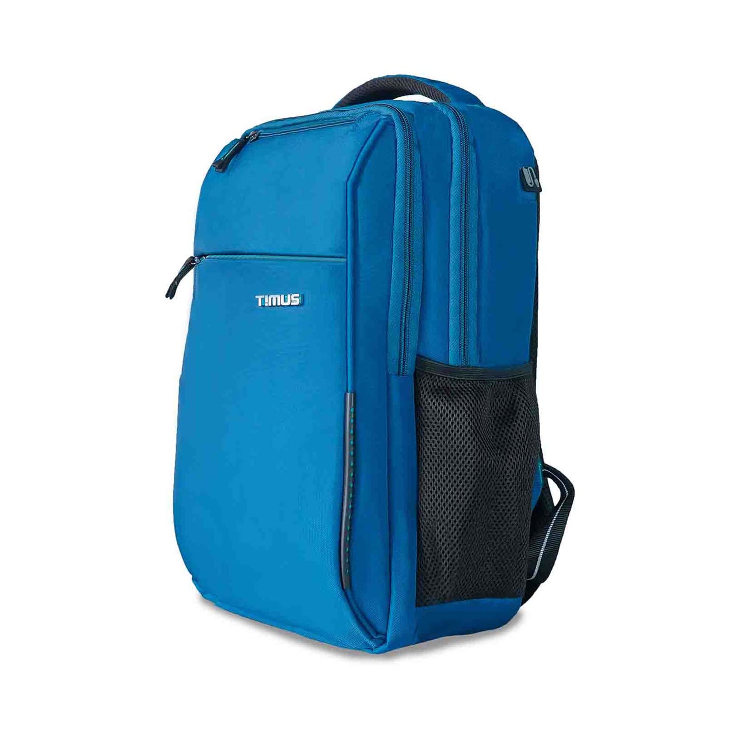 Left front angled view of the Timus Cyprus backpack in blue, featuring front zippered pocket, side mesh bottle holder, padded handle, and sleek design.