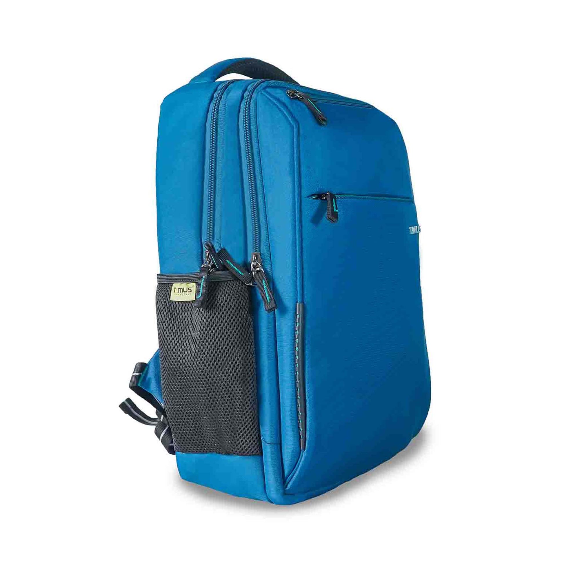 Right side angled view of the Timus Cyprus backpack in blue, showing three zippered compartments, mesh bottle pocket with Timus brand tag and padded top handle.