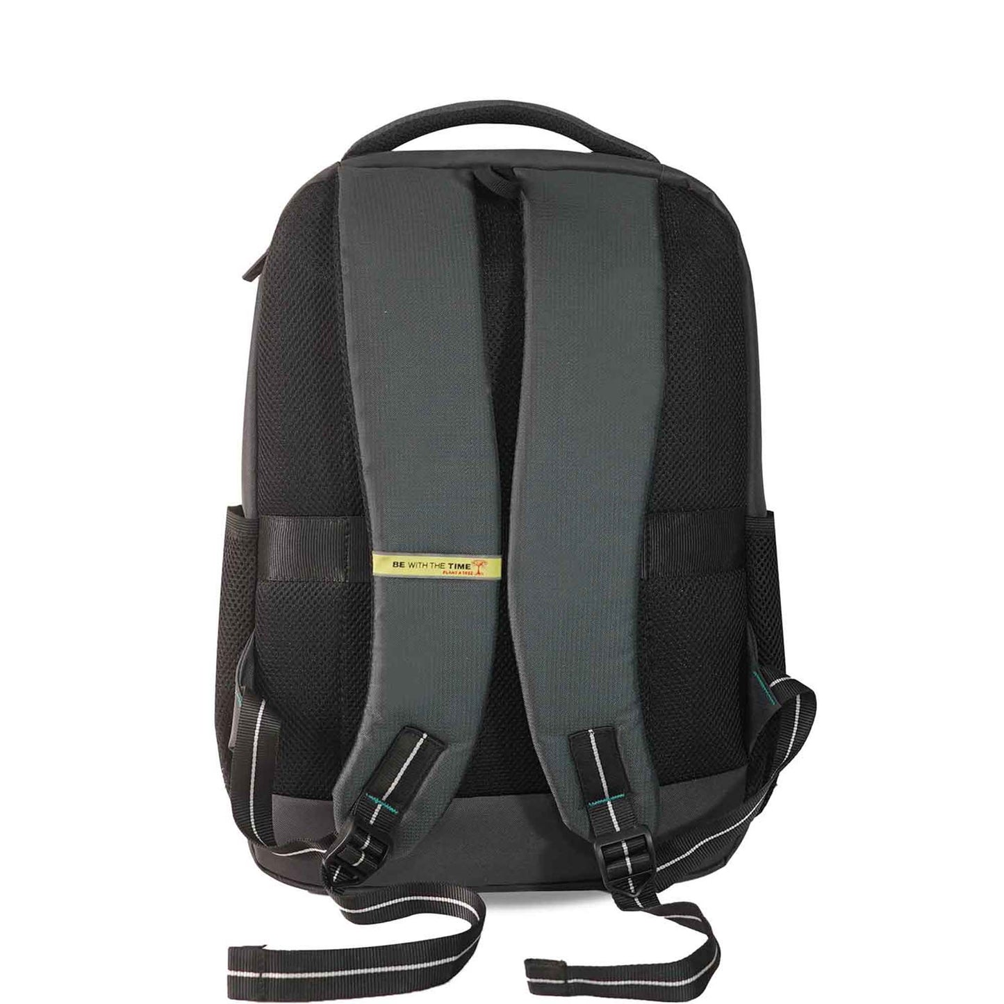 Back view of the Timus Cyprus backpack in grey showing padded shoulder straps, breathable mesh back, top handle, and yellow "BE WITH THE TIME" tagline.