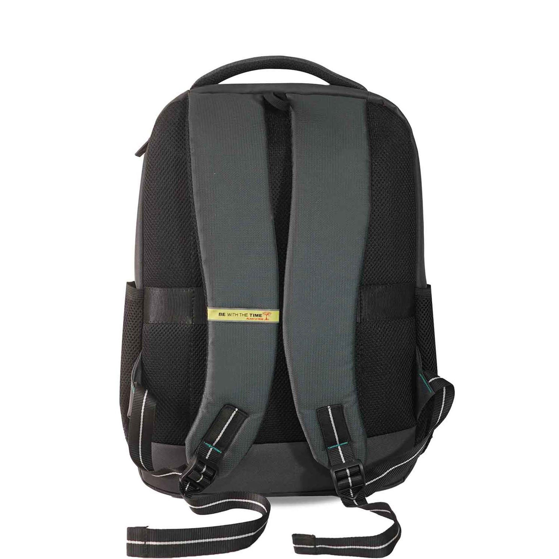 Back view of the Timus Cyprus backpack in grey showing padded shoulder straps, breathable mesh back, top handle, and yellow "BE WITH THE TIME" tagline.