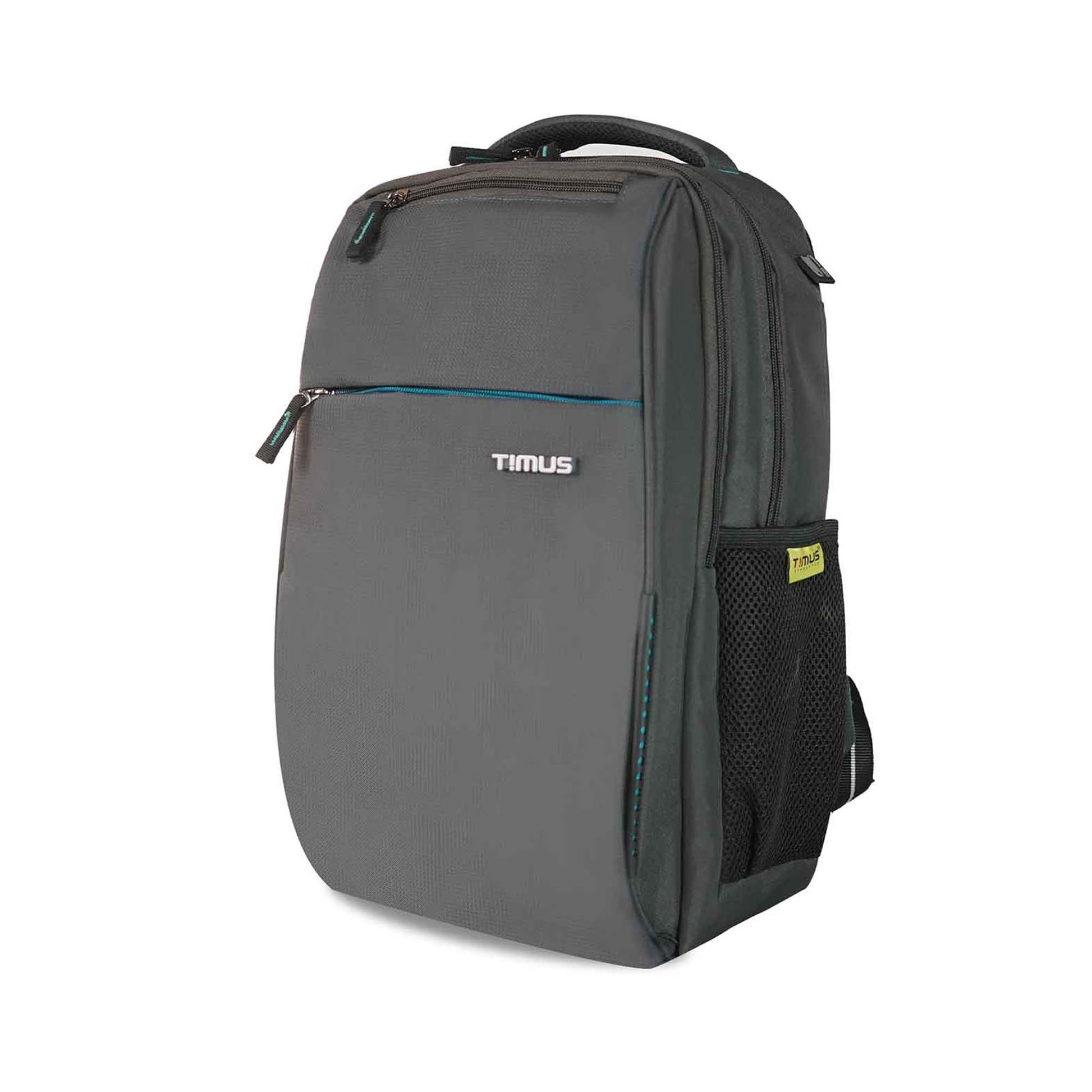 Left front angled view of the Timus Cyprus backpack in grey, showing a front zipper pocket with the Timus logo, a top handle, and a mesh side pocket with a Timus brand tag.