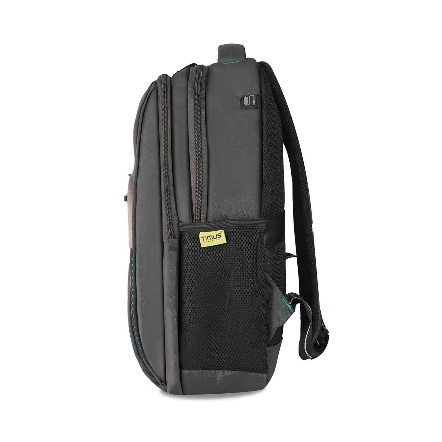 Left side view of timus grey Cyprus backpack with two zippered compartments, black mesh side pocket with yellow Timus tag, padded shoulder straps with mesh, and padded top handle.