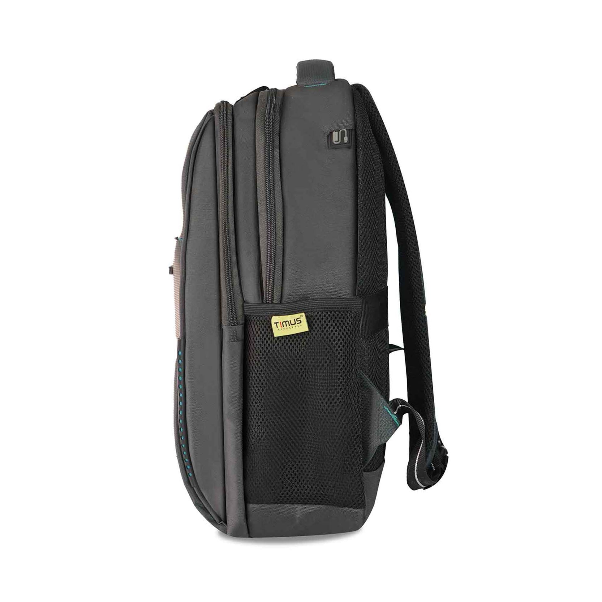 Left side view of timus grey Cyprus backpack with two zippered compartments, black mesh side pocket with yellow Timus tag, padded shoulder straps with mesh, and padded top handle.