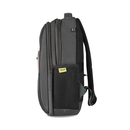 Left side view of timus grey Cyprus backpack with two zippered compartments, black mesh side pocket with yellow Timus tag, padded shoulder straps with mesh, and padded top handle.