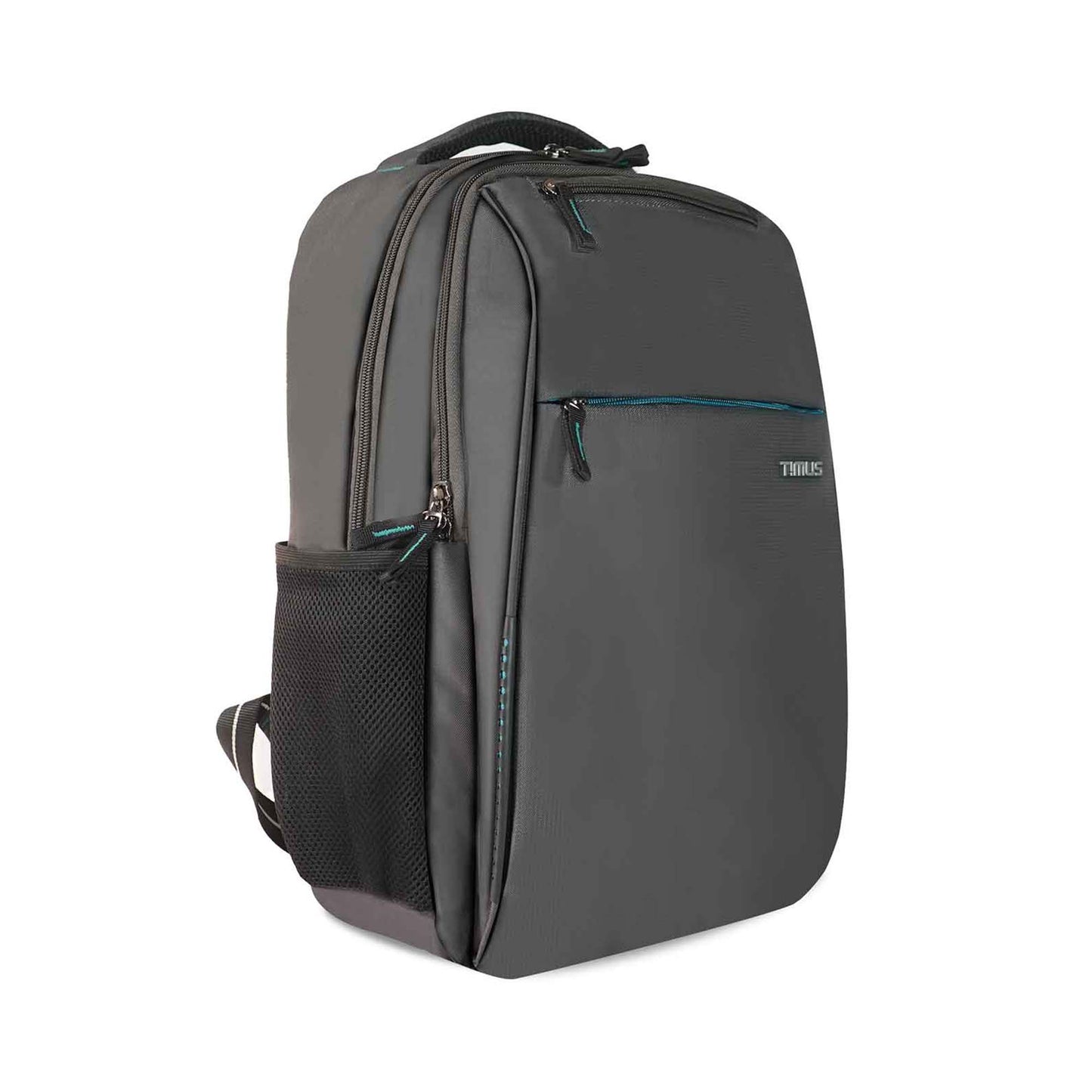 Right front angled view of grey Cyprus backpack with front Timus logo, multiple zippered compartments, top padded handle, and mesh side pocket.