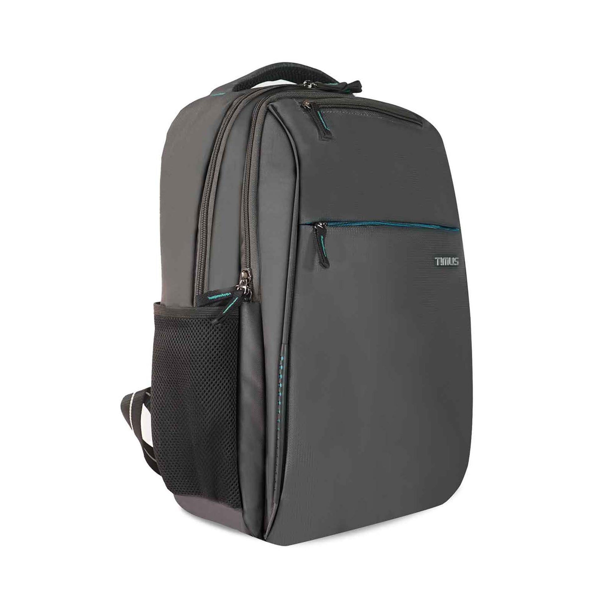Right front angled view of grey Cyprus backpack with front Timus logo, multiple zippered compartments, top padded handle, and mesh side pocket.