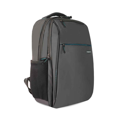 Right front angled view of grey Cyprus backpack with front Timus logo, multiple zippered compartments, top padded handle, and mesh side pocket.