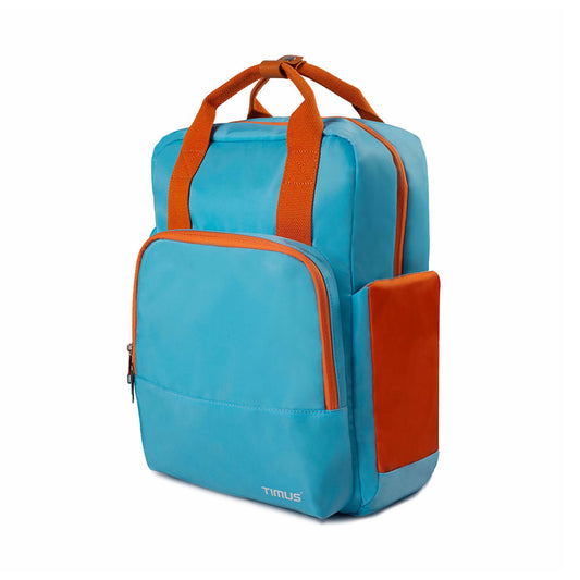 Left front angled view of Timus Las Vegas urban backpack in blue and orange, showing contrast handles, front zippered pocket, and visible side pocket.