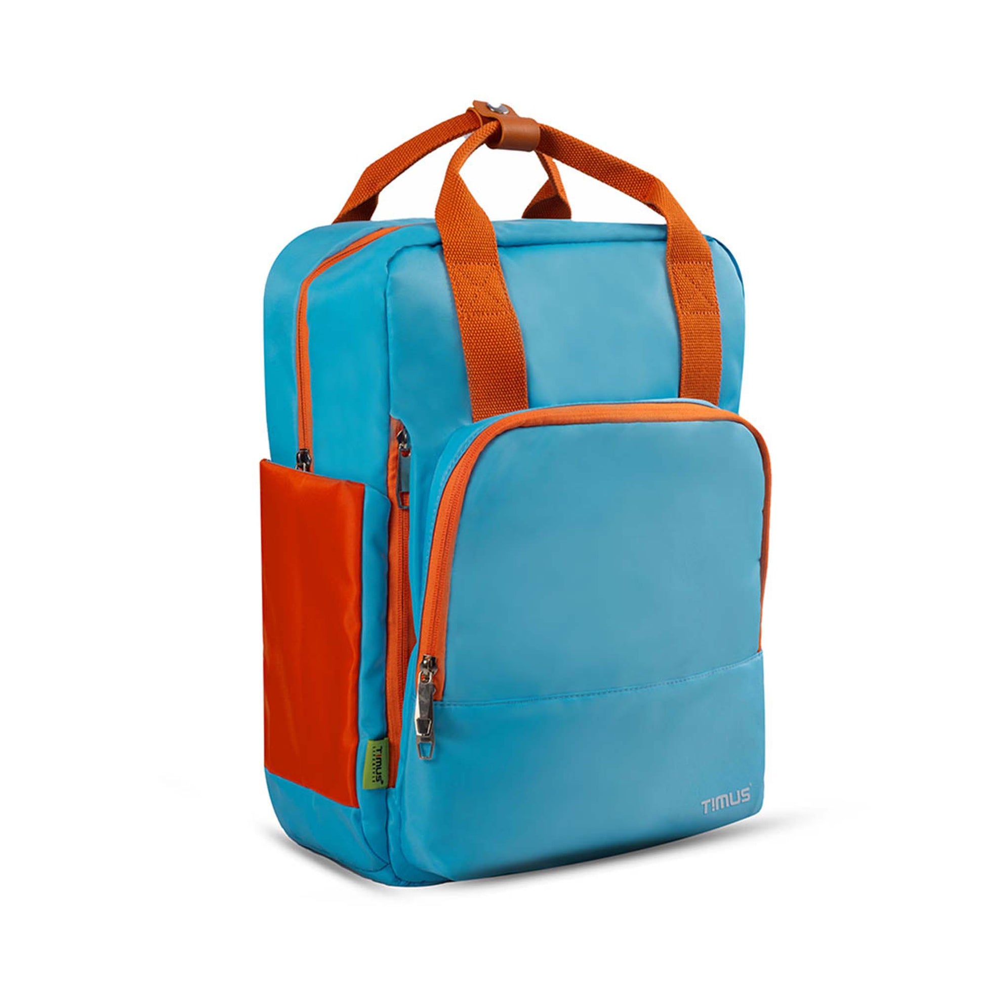 Right front angled view of Timus Las Vegas urban backpack in blue and orange showing the front zippered pocket, orange side pocket and top contrast handles.