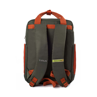 Back view of Timus Las Vegas urban backpack in green and orange featuring padded shoulder straps with “Timus” logo and “Be With The Time” label, dual side pockets, and orange top handle.
