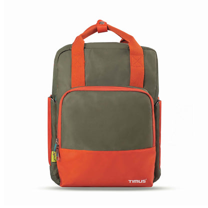 Front view of Timus Las Vegas urban backpack in green and orange showing large zippered front pocket, orange bottom panel, top contrast handle, and Timus brand logo at bottom.