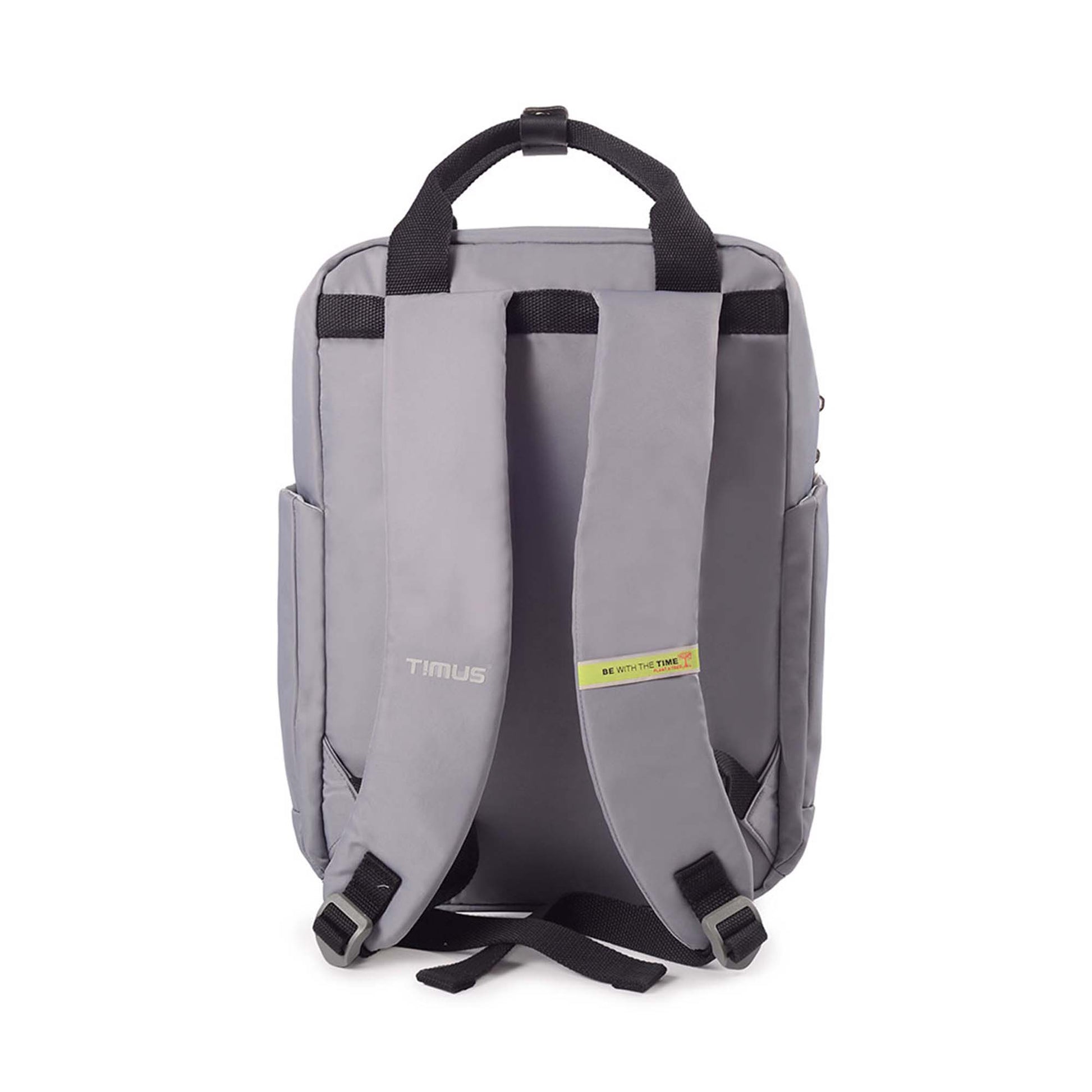 Back view of Timus Las Vegas urban backpack in grey featuring padded shoulder straps with “Timus” logo and “Be With The Time” label, dual side pockets, and black top handle.