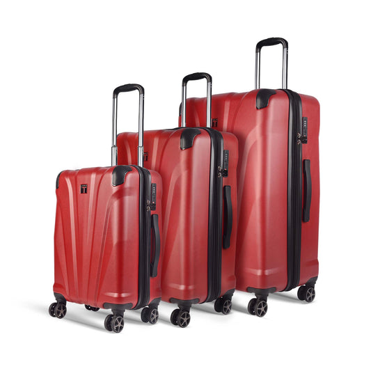 Timus Leolite red hard shell luggage set of 3 with aluminium push-button trolley handles, 8 spinner wheels, and 360° rotation. – sizes 58cm, 68cm, and 78cm.