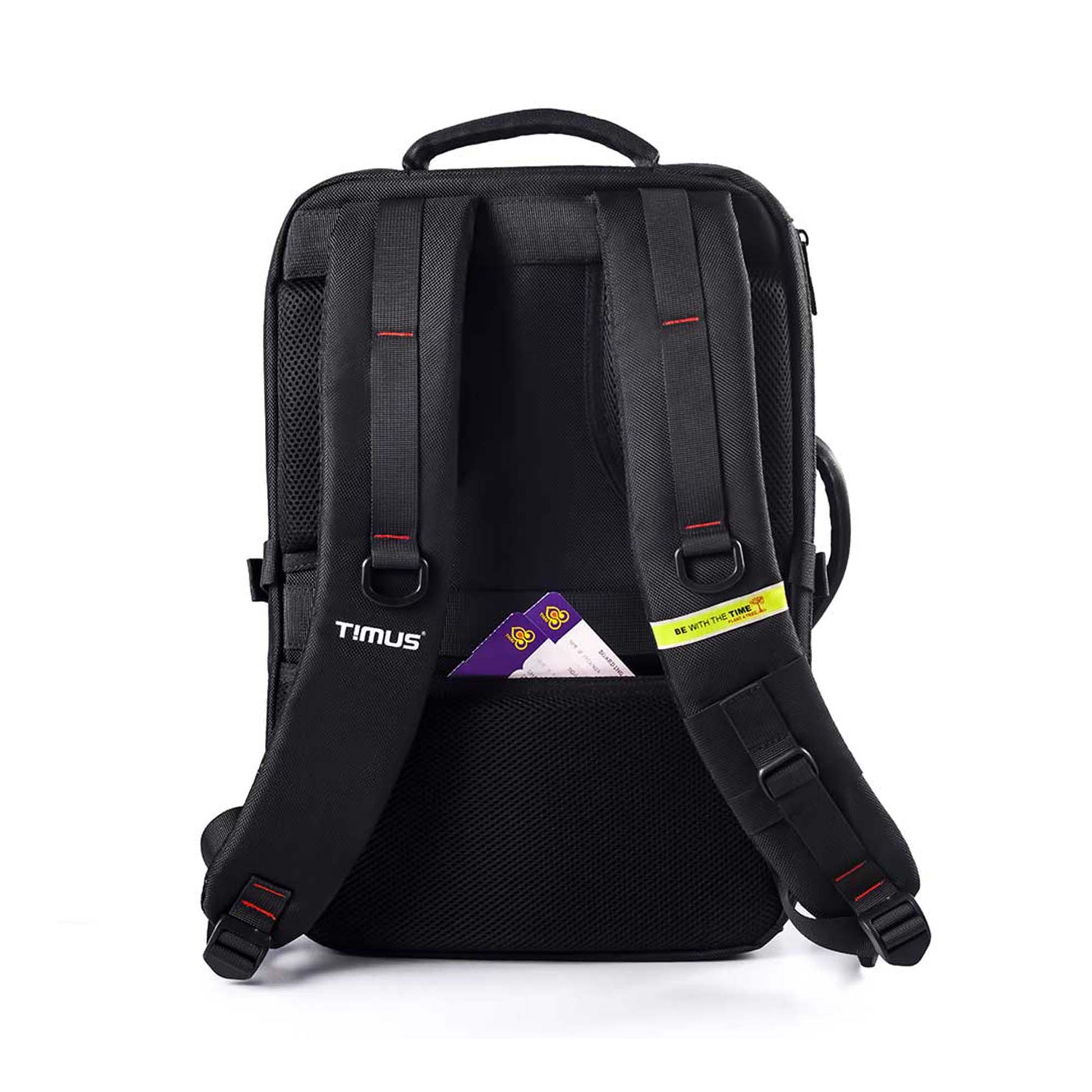 Back side view of London laptop backpack by TIMUS showing padded shoulder straps with TIMUS logo, handle, and a mesh pocket holding a cards. Yellow tag on strap reads 'BE WITH THE TIME'.
