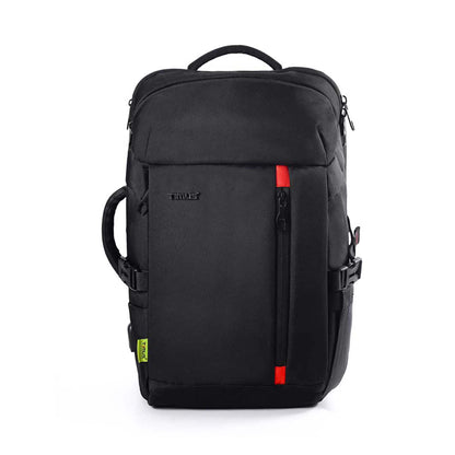 Front side view of black London laptop backpack by TIMUS featuring the TIMUS logo, red zipper accents, padded side handle, and sturdy top carry handle.