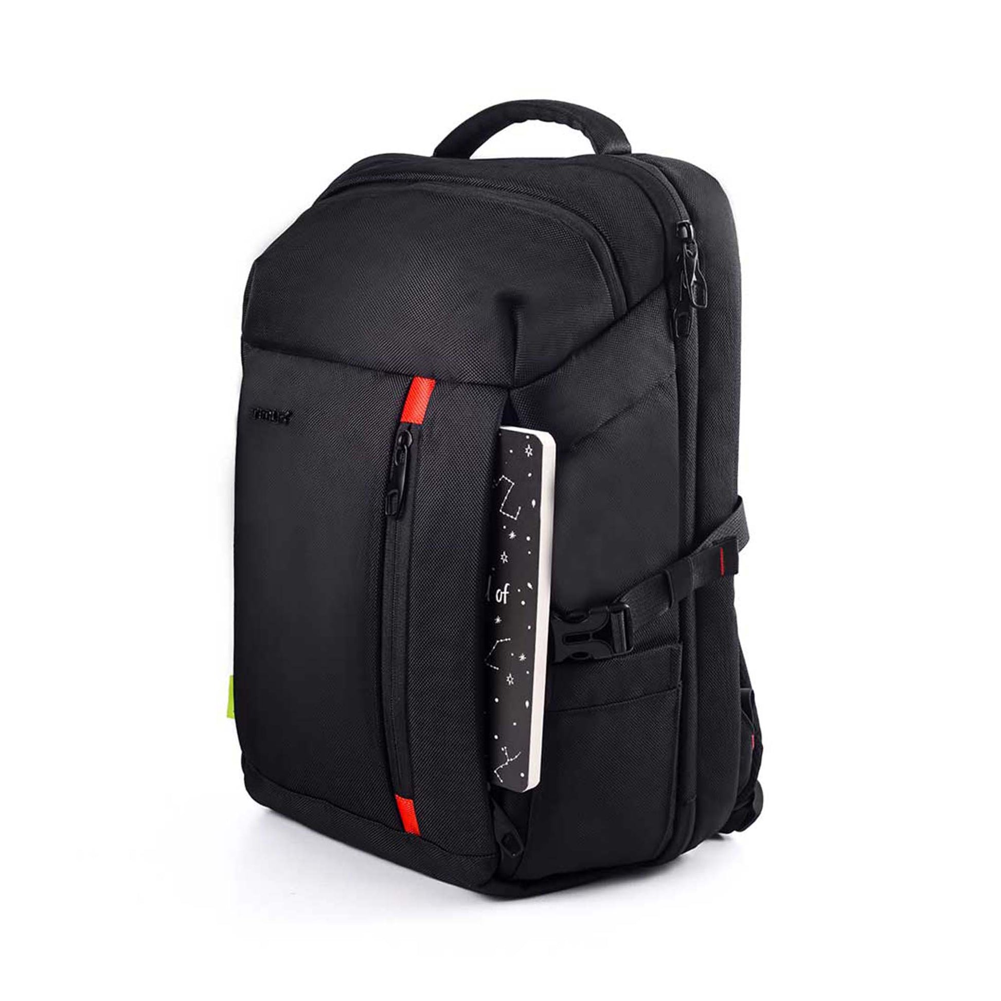 Left front angled view of the black London laptop backpack showing padded top handle, sleek front panel with red accents, side sleeve holding a notebook, and front zippered compartment