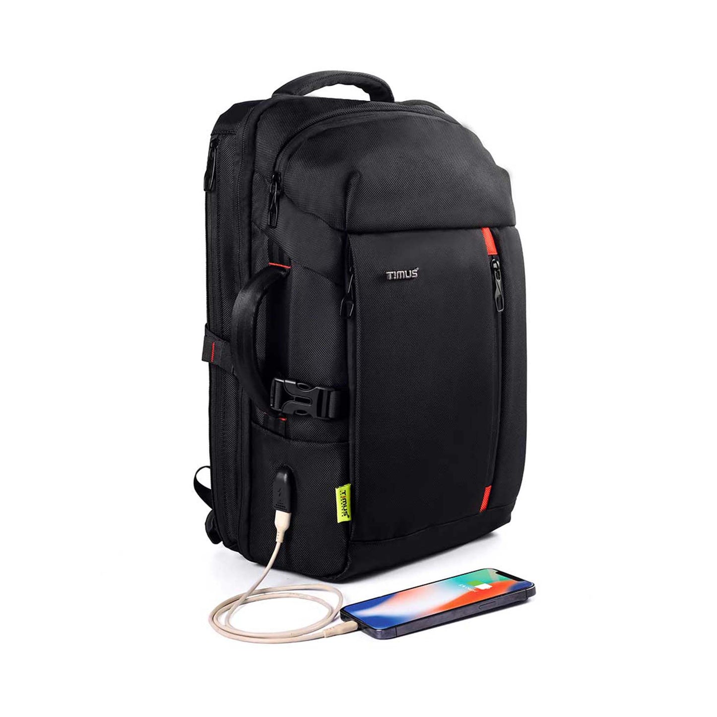 right front angled view of black London laptop backpack by TIMUS showing padded handle, USB charging port with cable connected to a smartphone, multiple zippered compartments, side handle for easy carrying, and red accent details.