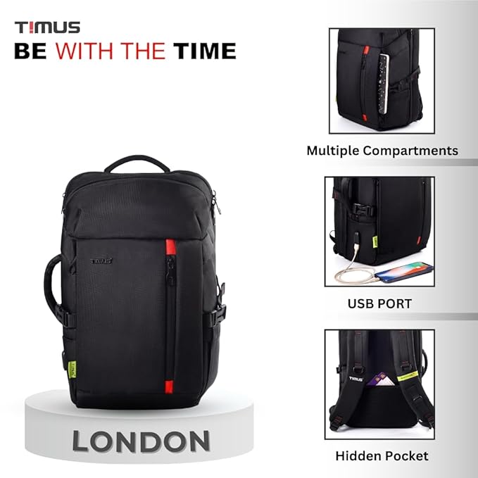 London laptop backpack by Timus displayed on a pedestal with front view. Features highlighted include multiple compartments, built-in USB charging port, and hidden pocket on back straps. Branding with 'BE WITH THE TIME' slogan shown at top left.