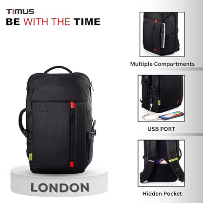 London laptop backpack by Timus displayed on a pedestal with front view. Features highlighted include multiple compartments, built-in USB charging port, and hidden pocket on back straps. Branding with 'BE WITH THE TIME' slogan shown at top left.