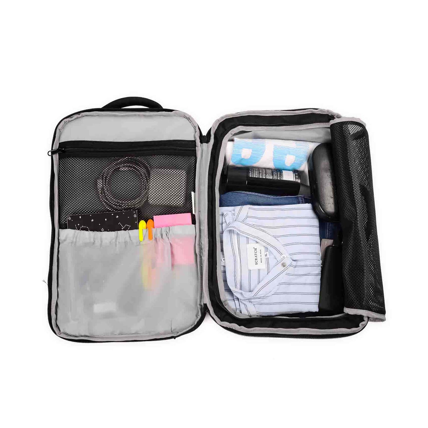 Open view of London laptop backpack showing organized interior with clothes, toiletries, pens, cables, and a notebook in compartments and mesh pockets.