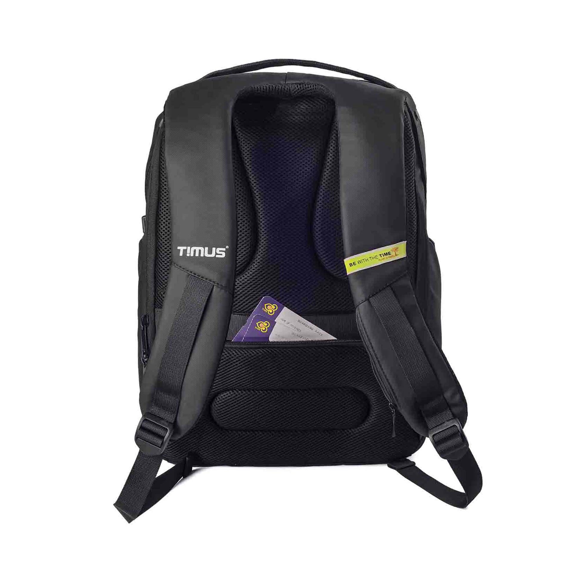 Back view of the black Madrid Laptop Backpack by Timus, showing padded shoulder straps, a hidden zippered pocket with travel documents, and breathable back padding for comfort.